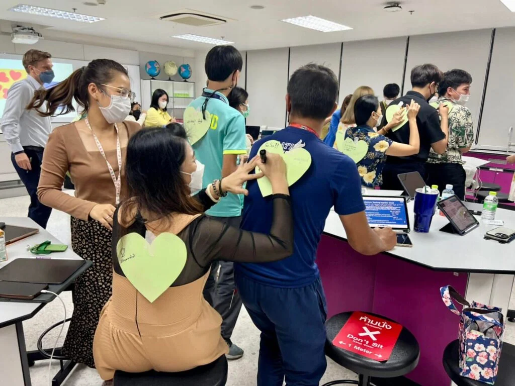 Picture of activity in a workshop with teachers. Having fun.